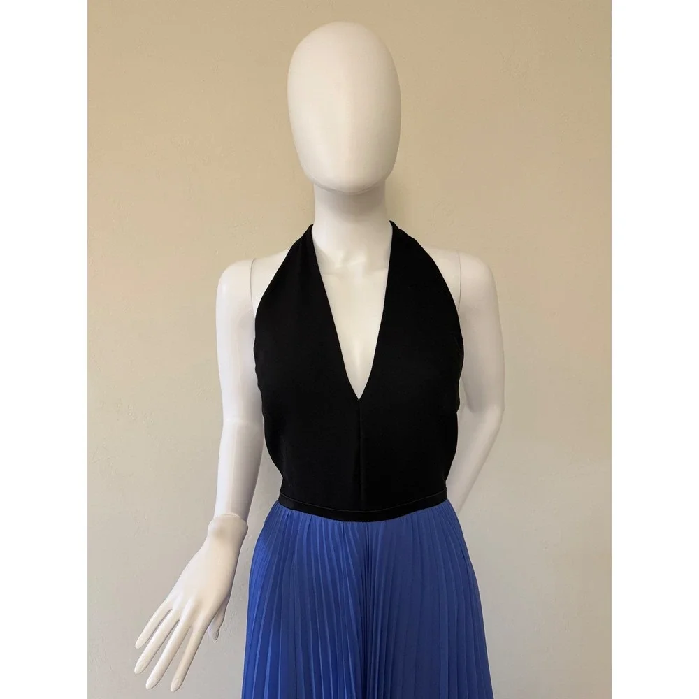Halston Heritage Periwinkle Black Pleated Halter Maxi Gown Dress Size 12 New - Picture 4 of 17